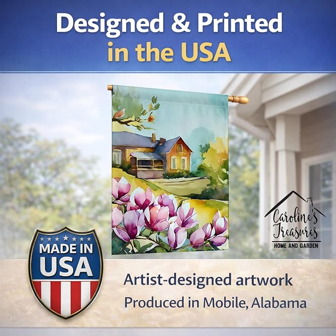 Caroline's Treasures Louisiana Magnolias in Watercolor House Flag Large Porch Sleeve Pole Decorative Outside Yard Banner Artwork Wall Hanging, Polyester, House Size, Multicolor