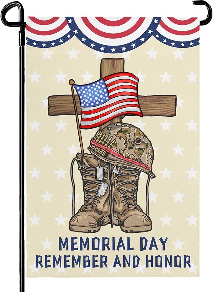 Memorial Day Garden Flag Veteran Burlap Double-sided Yard Flag Patriotic Boots Remember And Honor Brave Garden Flags Independence Day American House Banner Outdoor Decorations 12x18 Inch