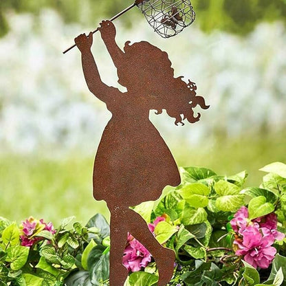 Boy Girl Silhouettes Chasing Butterfly Vintage Metal Garden Silhouette Sculpture, Yard Garden Metal Stake Rustic Decor Gift for Lawn Family Friends