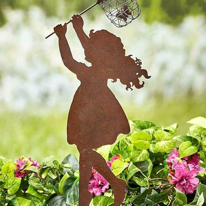 Boy Girl Silhouettes Chasing Butterfly Vintage Metal Garden Silhouette Sculpture, Yard Garden Metal Stake Rustic Decor Gift for Lawn Family Friends