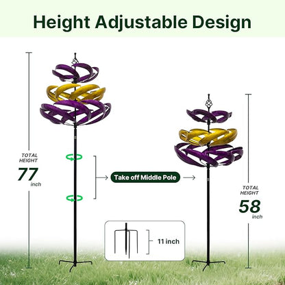 A ANLEOLIFE Wind Spinners Outdoor, 77" Large Metal Kinetic Wind Sculptures for Garden, 360 Degrees Swivel Yard Art with Welcome Sign and Flag Decoration
