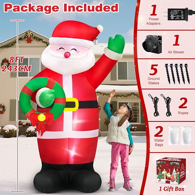 8 FT Huge Christmas Inflatables Santa Claus Holding Garland Outdoor Decorations, Build in LEDs & Tethers Stakes Giant Inflatable Santa Blow Up Yard Décor for Holiday Xmas Indoor Patio Lawn