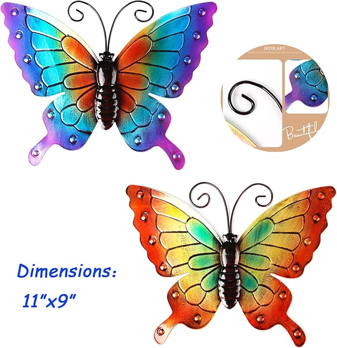 Miyolo 2 Pcs Metal Butterflies Fence Yard Art Garden Decor, 11" Large Butterfly for Outdoor Patio Backyard Balcony Sculpture, Colorful