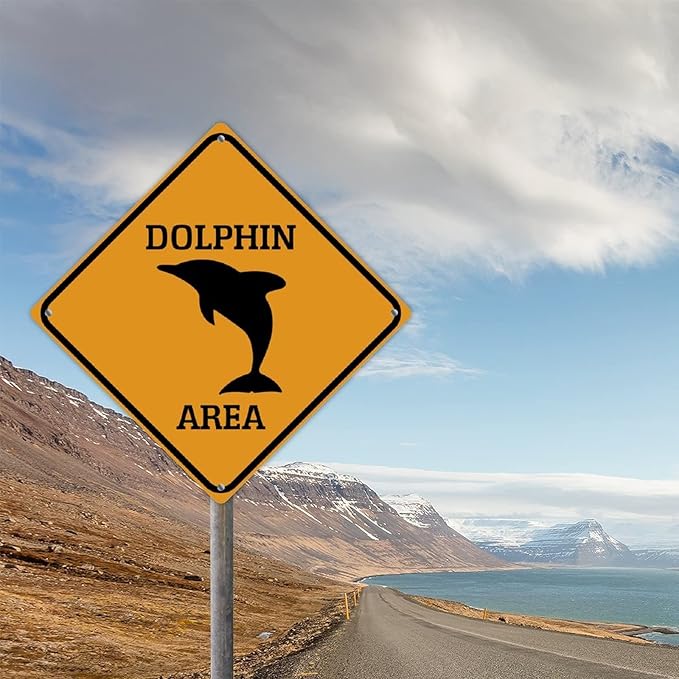 Dolphin Area Xing Caution Crossing Sign Ocean Animal Metal Tin Sign Warning Sign Novelty Road Fence Yard Wall Decor For Indoor Outdoor Highway15x15in