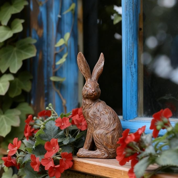 DiliComing Outdoor Rabbit Garden Statue - 12 Inch Large Easter Bunny Decor Brown Resin Animal Sculpture for Home Lawn Yard Decorations Womens Gifts