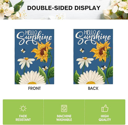 AVOIN colorlife Daisy Sunflower Hello Sunshine House Flag 28x40 Inch Double Sided, Summer Seasonal Holiday Burlap Yard Outdoor Decoration Blue