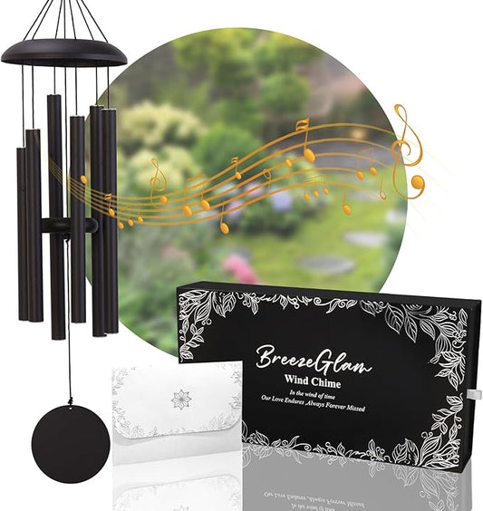 32" Outdoor Wind Chimes Deep Tone, Professionally Tuned C Major Aluminum Wind Chime with Gift Box & Envelope, Memorial Sympathy Wind Chime for Patio Garden Decor, Classic Round, Black