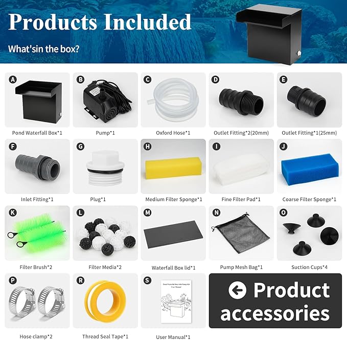 Pond Waterfall Spillway Kit with 800 GPH Pump, 5-Layer Filtration system, 9.8FT Oxford Hose, Complete Pond Kit for Outdoor Ponds, Koi Pond Waterfall Kit, Fountain Feature (12"L x 10.4"W x 12.5"H)