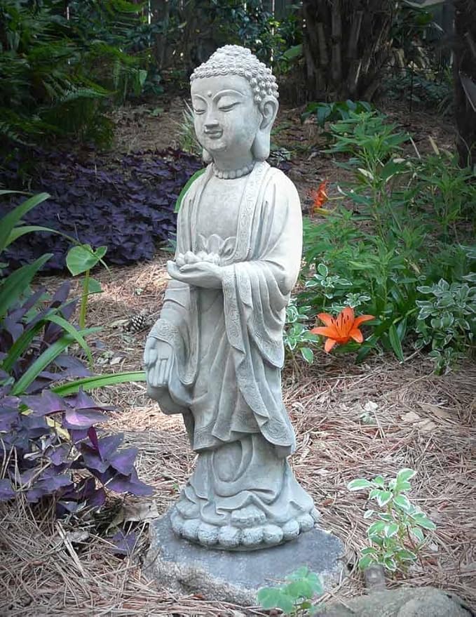 Modern Artisans Standing Shakyamuni Buddha - 24" Tall Cast Stone Garden Statue, American Made