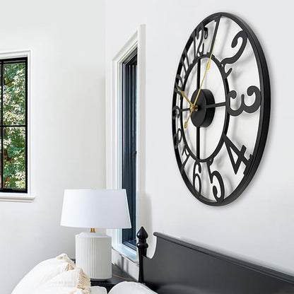 Large Outdoor Wall Clock 24 Inch - Black Metal Decorative Clock with Big Arabic Numbers - Silent Non-Ticking Quartz Clock for Patio, Garden, Porch, Backyard & Indoor Home Decor
