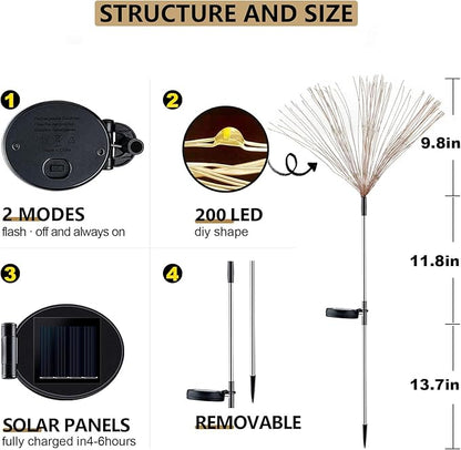 4 Pack Solar Firework Lights Outdoor, Adjustable 32" to 51" Extra Tall, Verified 200 LED Warm White Stainless Steel 3-Section Pole, 8 Modes Waterproof Starburst Garden Lights for Large Yard