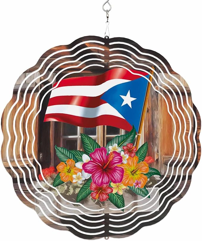 Wind Spinners for Yard and Garden - 3D Stainless Steel Hanging Spinners Indoor/Outdoor Kinetic Yard Art - Round Wind Chime 7.8 Inch, Puerto Rico Flag and Hibiscus in Barn