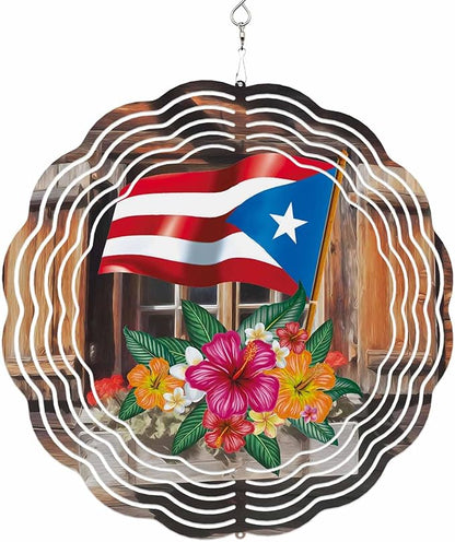 Wind Spinners for Yard and Garden - 3D Stainless Steel Hanging Spinners Indoor/Outdoor Kinetic Yard Art - Round Wind Chime 7.8 Inch, Puerto Rico Flag and Hibiscus in Barn
