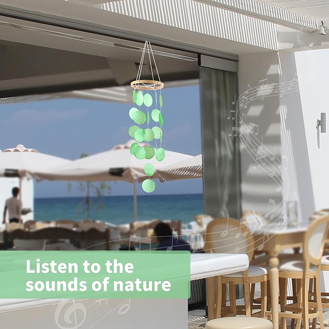 Handmade Capiz Wind Chimes for Outside, Outdoor Seashell Hanging Beach Coast Ocean Home Decorative, Unique Natural Shell Waterfall Windchimes for Summer Patio, Great Memorial Sympathy Gift（Green