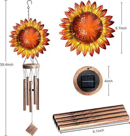 Solar Wind Chimes for Outside, 39.4" Sunflower Wind Chimes Outdoor Solar Lights Waterproof Hanging Garden Decorative Sunflower Lights for Yard Patio Memorial Gift