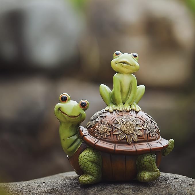 Resin Frog and Tortoise Garden Statue, Green Frog Tortoise Figure for Outdoor Decor Yard and Garden Decoration Resin Sculpture (Frog and Tortoise)