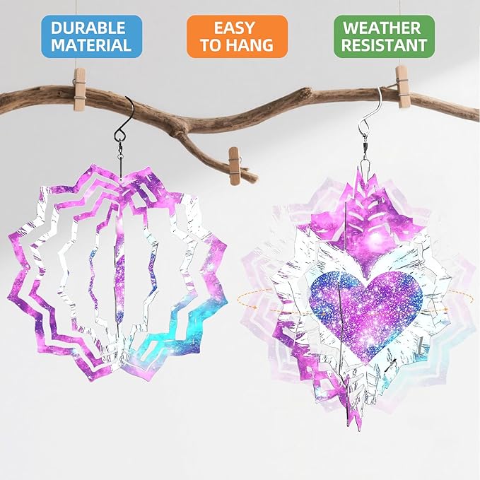 8 Inch Sublimation Wind Spinner, 3D Aluminum Metal Wind Spinner with Hook, Indoor Yard Garden Hanging Decoration, Weather Resistant Rotating Spiral Ornament, Winged Galaxy Heart