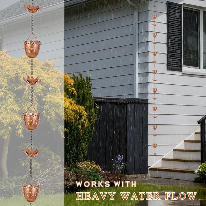 10FT Lotus Rain Chains, Rain Gutter Chain with 16 Flower Cups, Adjustable Rainwater Catcher Chain for Outside, Replacement for Downspout