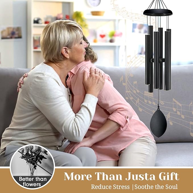 Wind Chimes for Outside Deep Tone, 30 Inch Memorial Wind Chimes with 6 Tuned Aluminum Tubes, Black Garden Decor for Sympathy Gift, Mother’s Day, Patio, Porch with S Hook & Greeting Card