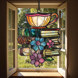 Flower Books Tea Acrylic Suncatcher Window Hanging Bookish Book Lover Housewarming Decor Gift