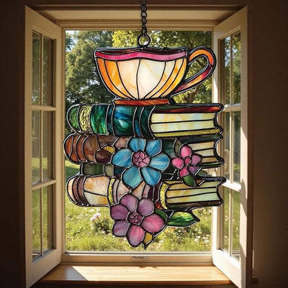Flower Books Tea Acrylic Suncatcher Window Hanging Bookish Book Lover Housewarming Decor Gift