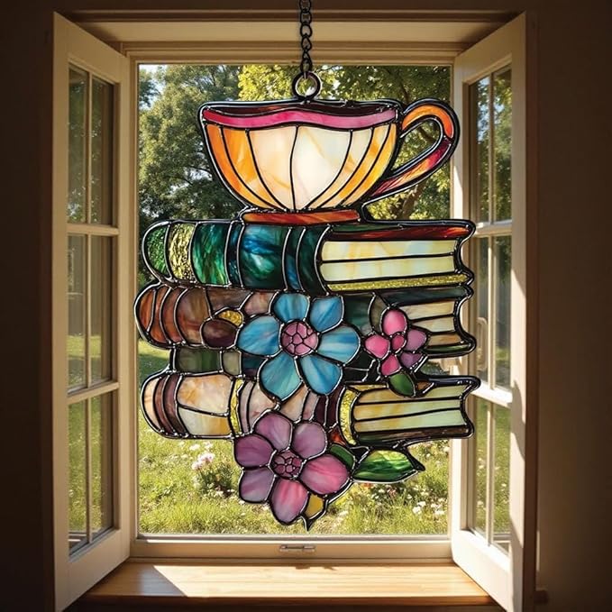 Flower Books Tea Acrylic Suncatcher Window Hanging Bookish Book Lover Housewarming Decor Gift