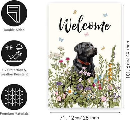 Floral Black Lab Garden Flag Spring Summer House Flags 28x40 Double Sided Flower Labrador Dog Yard Flags for Outside Lawn Large Outdoor Welcome Flags