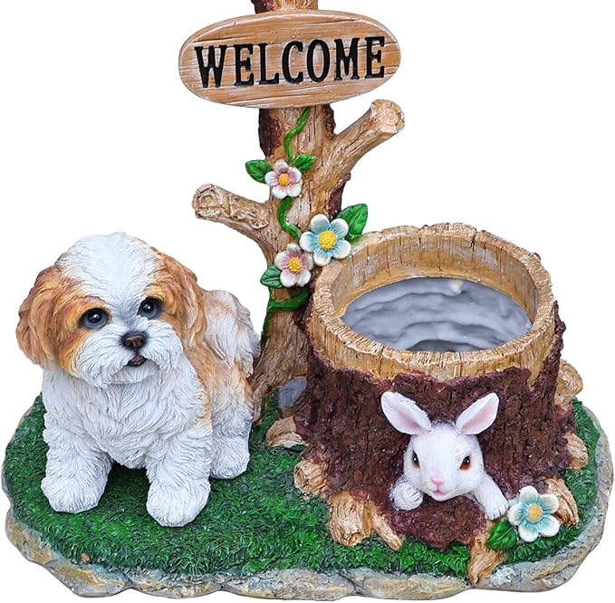 Virubi Sitting Dog Solar Lantern Planter Statue, Solar-Powered LED Lantern & Flower Pot, Weather Resistant Outdoor Decor for Patio Yard Garden Porch Path