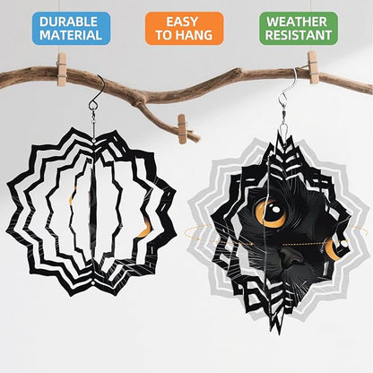 8 Inch Sublimation Wind Spinner, 3D Aluminum Metal Wind Spinner with Hook, Indoor Yard Garden Hanging Decoration, Weather Resistant Rotating Spiral Ornament, Black Cat's Eyes