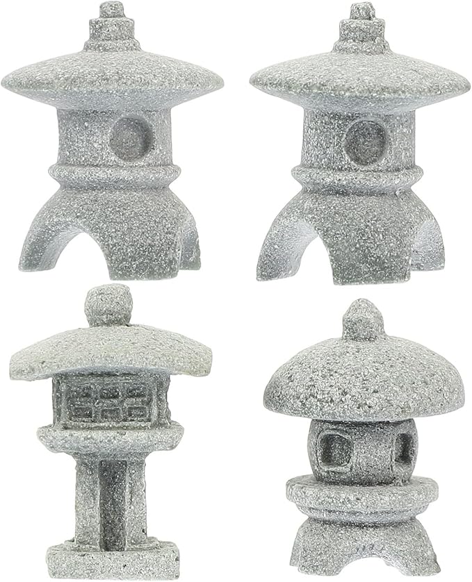 Yardwe Miniature Pagoda Statue Japanese Sandstone Lantern for Zen Garden Micro Landscape Indoor Outdoor Decoration 1.25X0.82X0.82 Inch Set of 4