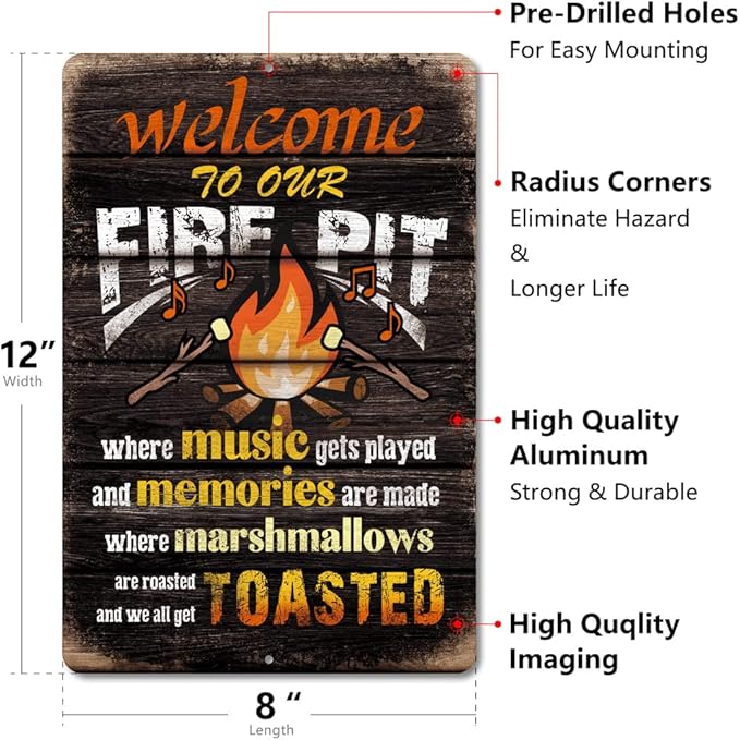 Yniaun Decor Welcome to Our Fire Pit Funny Camper/Camping Metal Tin Signs Vintage Patio Back Yard Decorations Gifts 8 X 12 Inch Indoor/Outside Accessories - Music Gets Played & Memories Are Made