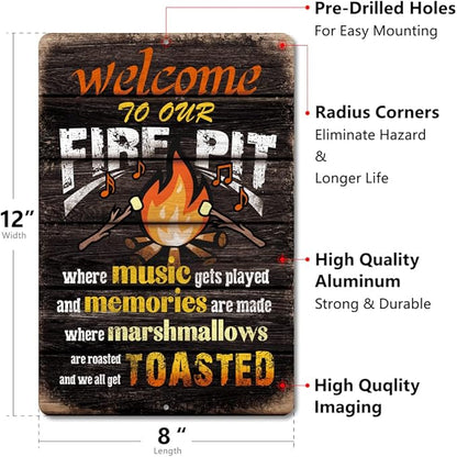 Yniaun Decor Welcome to Our Fire Pit Funny Camper/Camping Metal Tin Signs Vintage Patio Back Yard Decorations Gifts 8 X 12 Inch Indoor/Outside Accessories - Music Gets Played & Memories Are Made