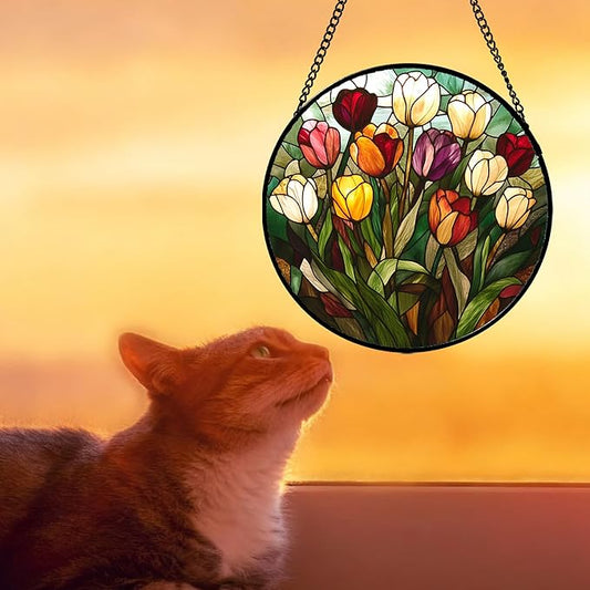 Stained Glass Window Hanging Colorful Tulip Large 11.8" - Flower Suncatcher Door Garden Sun Catcher Home Plant Decor Birthday Mother's Day for Mom Woman Friend Nana Colleague