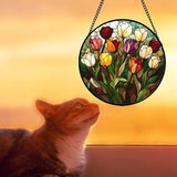 Stained Glass Window Hanging Colorful Tulip 6.3" - Flower Suncatcher Door Garden Sun Catcher Home Plant Decor Birthday Mother's Day for Mom Woman Friend Nana Colleague
