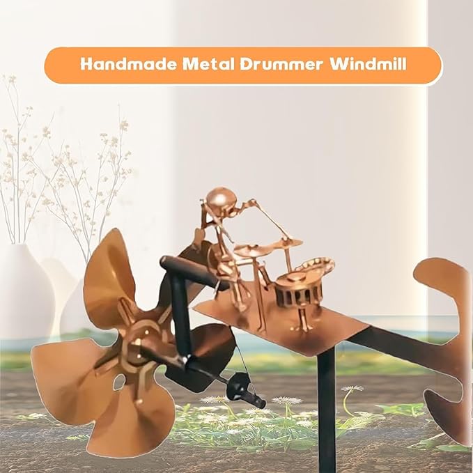 Handmade Metal Guitarist Windmill, Metal Art Musician Figurine Wind Mill, Percussionist and Musician Kinetic Spinners, for Garden, Yard, Lawn, Patio, Unique Art Gift for Music Lovers (Gold)
