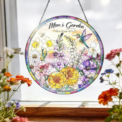 Birthday Gifts for Mom - 8 inch Mom’s Garden Inspired Stained Glass Suncatcher, Floral Window Hanging Ornament, Mothers Day Decorations Gift for Mom Grandma, Mom Birthday Gifts