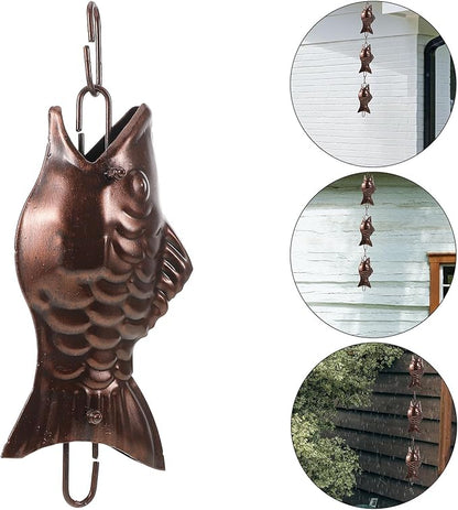 Abaodam Aluminum Alloy Rain Chain with Copper Fish Design Decorative Rainwater Catcher Chain for Garden and Porch Downspouts with Hanging Cups