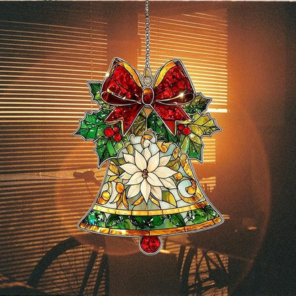 Winter Jingle Bell Scarf Knot Socks Acrylic Suncatcher Stained Glass Effect Window Car Hanging Christmas Ornament Indoor Outdoor Decor Garden Sun Catcher Panel for Women Mom Grandma