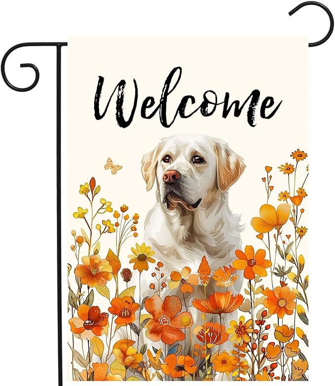 Floral White Lab Garden Flag Fall Yard Flag Wildflower Labrador Dog Garden Flags Orange Autumn Lawn Flags Welcome Thanksgiving Outdoor Flags for Outside 12x18 Double Sided Small