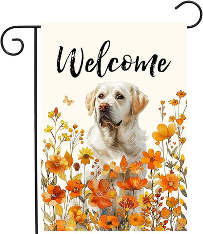 Floral White Lab Garden Flag Fall Yard Flag Wildflower Labrador Dog Garden Flags Orange Autumn Lawn Flags Welcome Thanksgiving Outdoor Flags for Outside 12x18 Double Sided Small