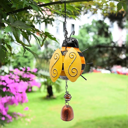 2 Pcs Metal Bee Wind Bells, Small Insect Chime Decor for Garden Yard Patio, Lucky Hanging Rustic Home Ornament, Indoor Outdoor Iron Stereo Hanging Bell