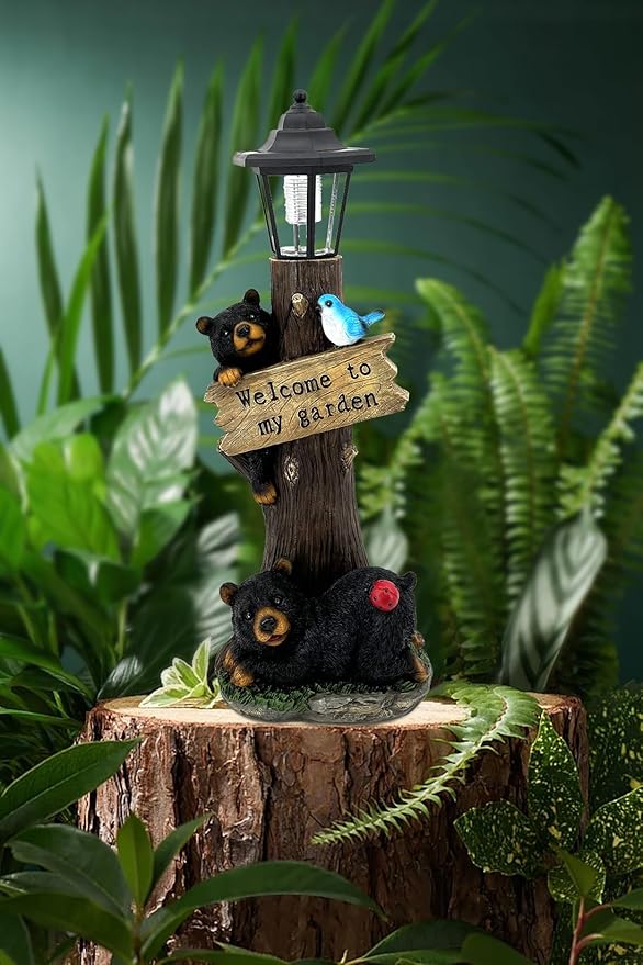 19 Inches Bear Statue Welcome Sign Garden Statue with Solar Lights, Resin Bear Family on The Tree, Outdoor Bear Décor for Yard, Garden, Lawn, Patio, Black and Brown Animal Statue