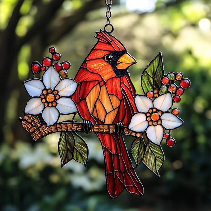 Red Cardinal Acrylic Suncatcher Stained Glass Effect Window Car Hanging Christmas Ornament Indoor Outdoor Decor Garden Sun Catcher Panel for Cardinal Lover for Women Mom Grandma