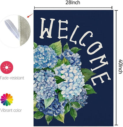 CROWNED BEAUTY Spring House Flag Hydrangea Welcome Double Sided 28x40 Inches Large Burlap Welcome Holiday Seasonal Yard Decoration for Outside Porch
