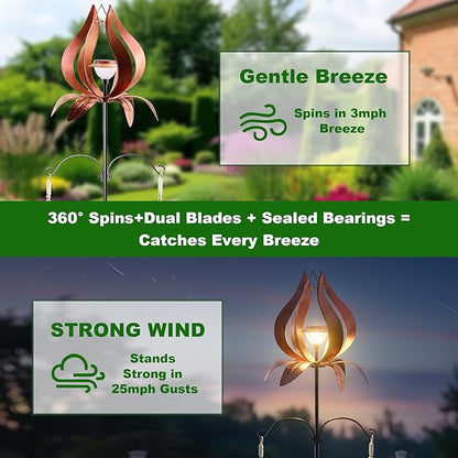Multi-Functional Yard Wind Spinners with Solar Lights Outdoor Garden,YNGFIL Large Ornaments Outdoor with Double Shepherds Hooks and Coconut Fiber Liner Hanging Planters (83 in)