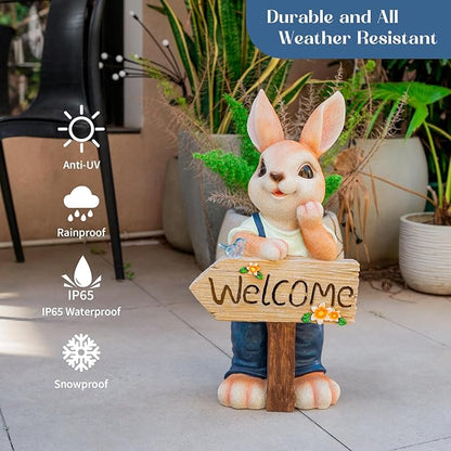 22" Solar Large Rabbit Statue Garden Decor Resin Standing Bunny Statue with Welcome Sign Outdoor Easter Decorations for Porch Patio Lawn Yard Gardening Gifts for Mom Women, Blue Rabbit
