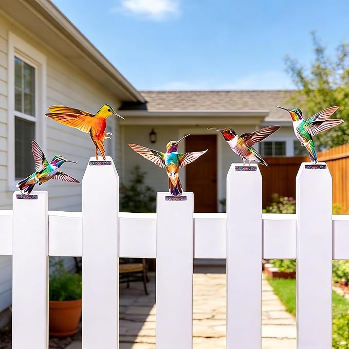 Color Vivid Metal Birds Fence Decor - Double Sided Colorful Yard Art, Weatherproof Garden Sculptures for Outdoor Patio, Farmhouse Fence Decor, Backyard Ornaments for Lawn (Hummingbird)
