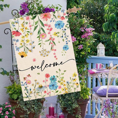 Baccessor Spring Summer Welcome Floral House Flag 28x40 Inch Double Sided Large Yard Flag Outside Outdoor Seasonal Burlap Flowers Flags Home Patio Decoration