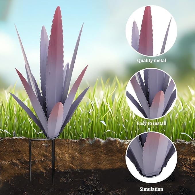 EROCK 2 Pcs Tequila Rustic Sculpture, Wind Resistant Metal Agave Plant Outdoor Home Decor, DIY Rustic Hand Painted Metal Agave Garden Art Plant Country Sculpture Statue Patio Stake Lawn Ornament Gift
