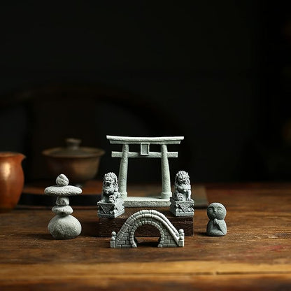 6 PCS Mini Zen Garden Accessories, Miniature Garden Bridge Foo Dogs Torii Gate Sandstone Figurines Meditation Zen Decor Japanese Fish Tank Terrarium Decorations Plant Pots Bonsai Craft Decor (M)